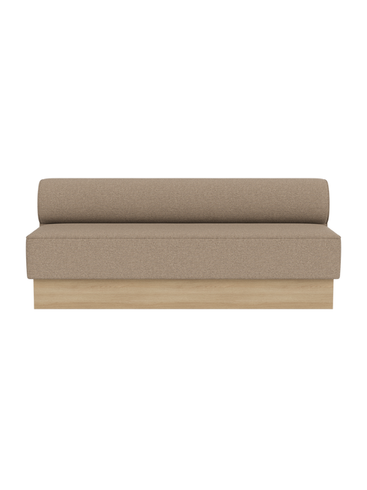 Eave Dining Sofa, Plateau upholstered in Logan Flint fabric with a natural oak base, isolated against a black background.