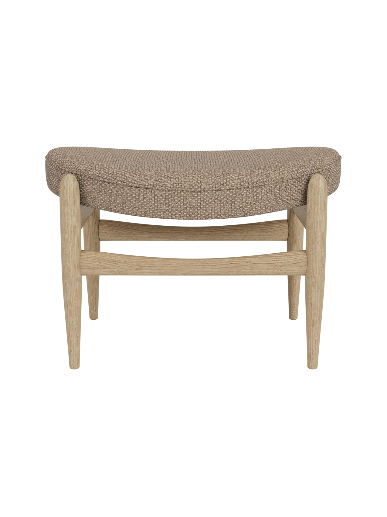 Elizabeth Ottoman in Logan Flint fabric and natural oak, featuring a curved upholstered seat and tapered wooden legs.