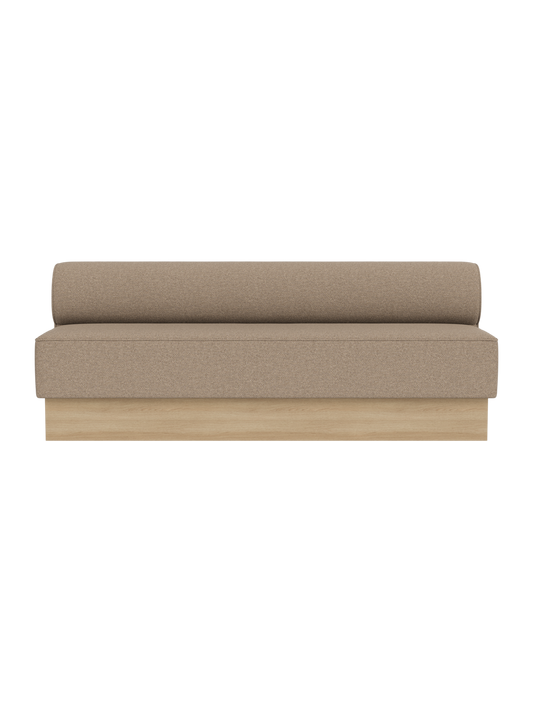 Eave Dining Sofa upholstered in Logan Flint fabric, featuring a natural oak base and clean minimalist lines.