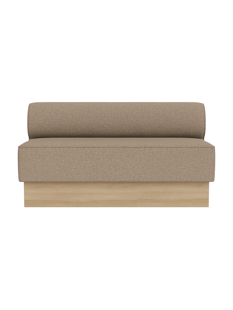 The Eave Dining Sofa, Plateau in Logan Flint upholstery with a natural oak base, shown from the front.