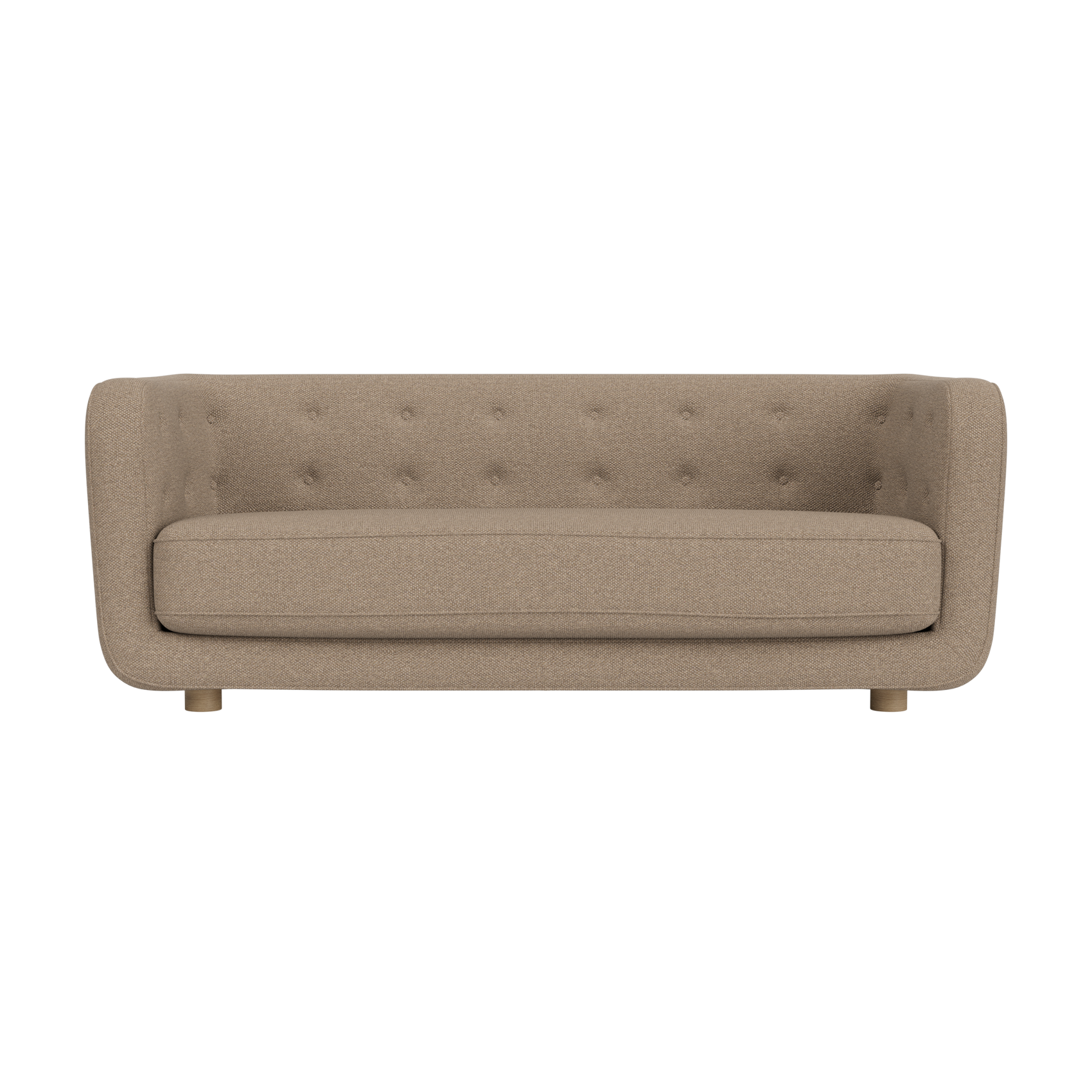 Vilhelm Sofa in Logan Flint fabric with a button-detailed back and natural oak legs, designed by Flemming Lassen.