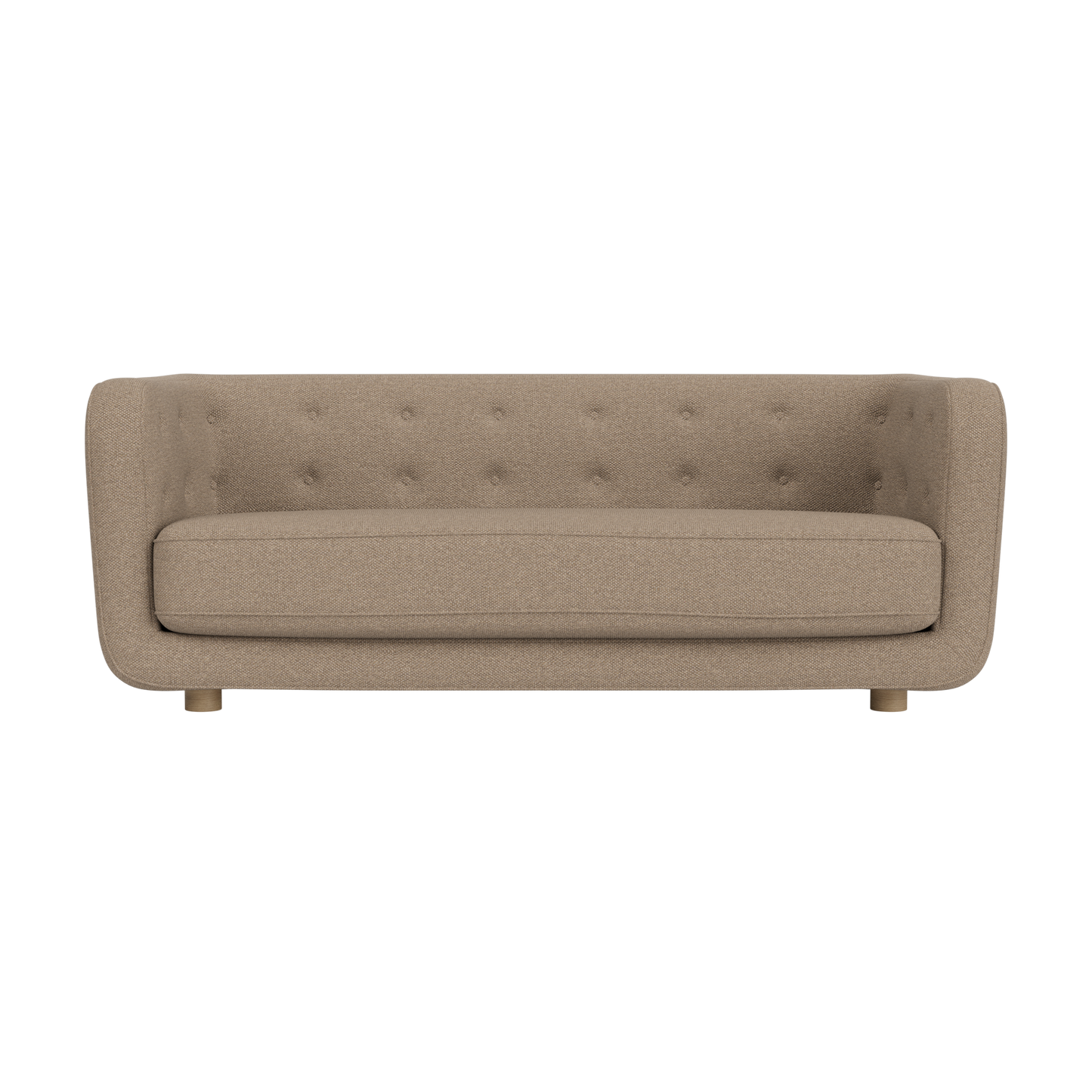 Vilhelm Sofa in Logan Flint fabric with a button-detailed back and natural oak legs, designed by Flemming Lassen.