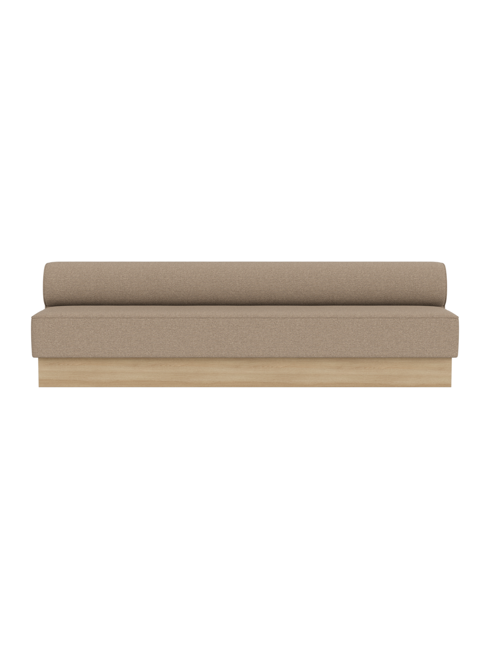 Eave Dining Sofa, Plateau in Logan Flint with a natural oak base, shown from a front view against a black background.