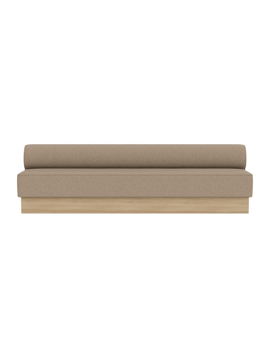 Eave Dining Sofa, Plateau in Logan Flint with a natural oak base, shown from a front view against a black background.