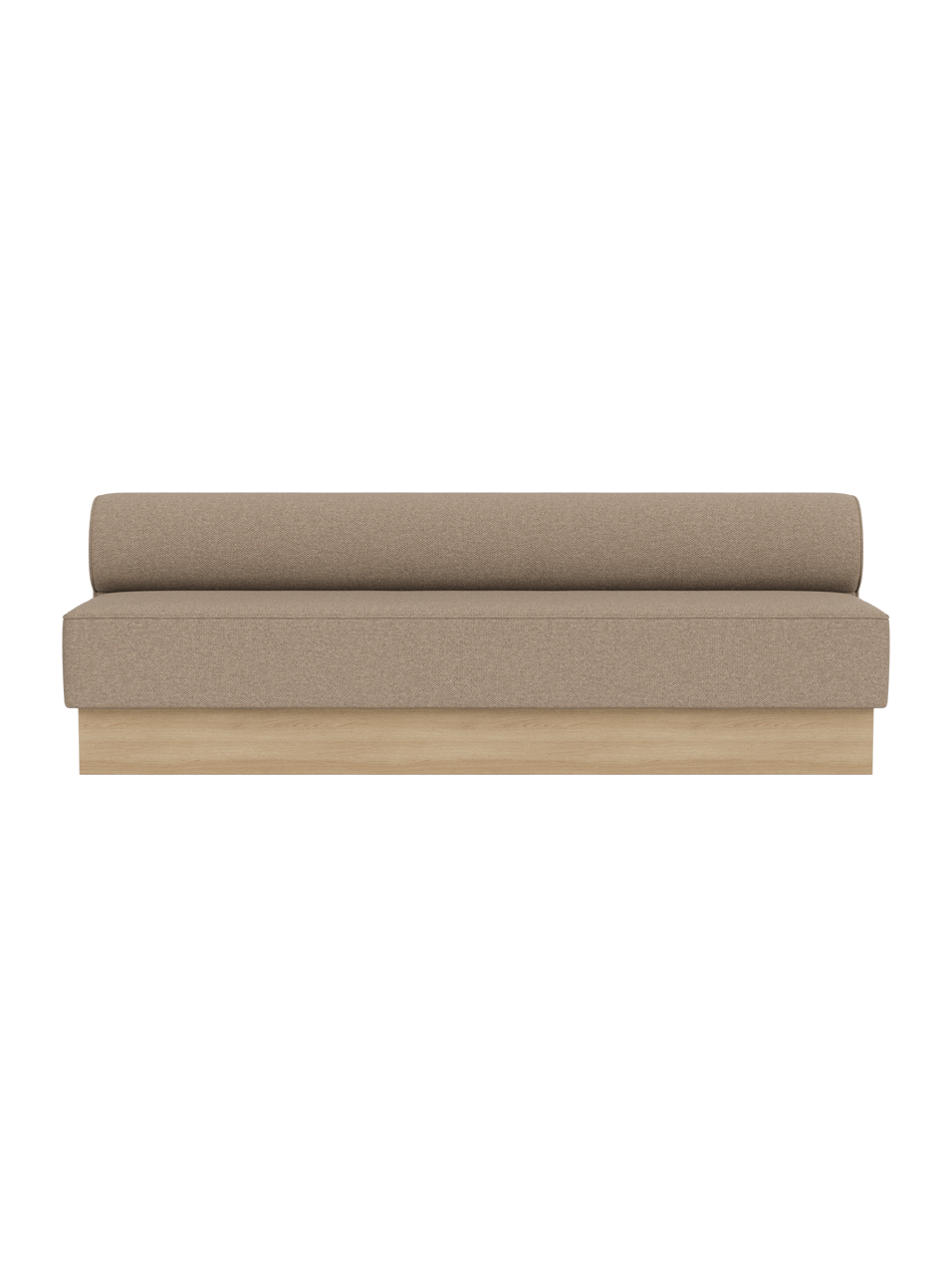 Eave Dining Sofa, Plateau in Logan Flint upholstery with a natural oak base, shown from a front angle.
