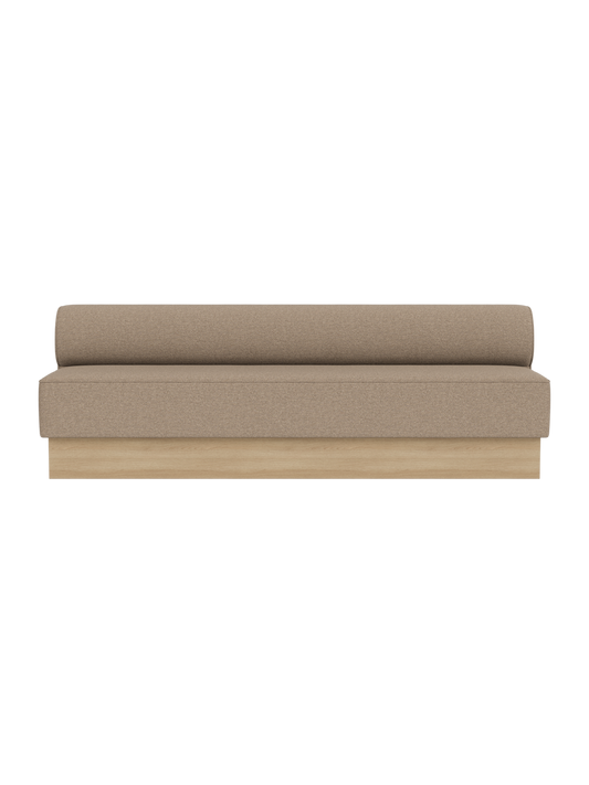 Eave Dining Sofa, Plateau in Logan Flint upholstery with a natural oak base, shown from a front angle.