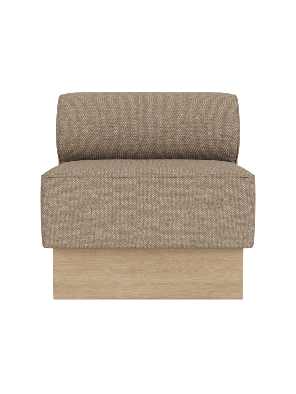 Eave Dining Sofa, Plateau in Logan Flint upholstery with a natural oak base, shown from the front.