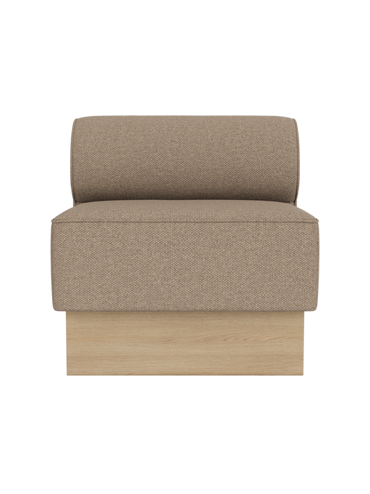 Eave Dining Sofa, Plateau in Logan Flint upholstery with a natural oak base, shown from the front.