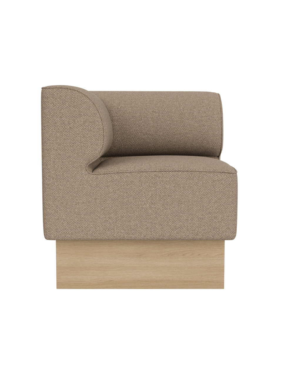 Eave Dining Sofa, Plateau in Logan Flint upholstery with a natural oak base, shown from a side angle.