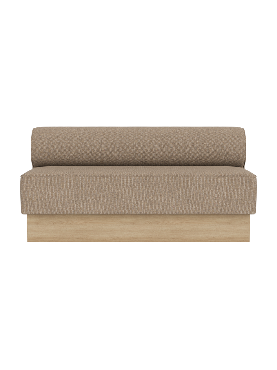 Eave Dining Sofa, Plateau upholstered in Logan Flint fabric with a natural oak base, shown from a front view.