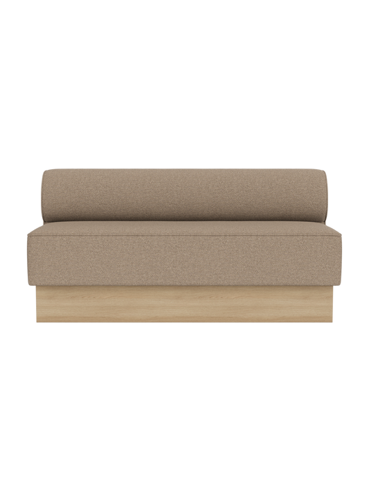 Eave Dining Sofa, Plateau upholstered in Logan Flint fabric with a natural oak base, shown from a front view.