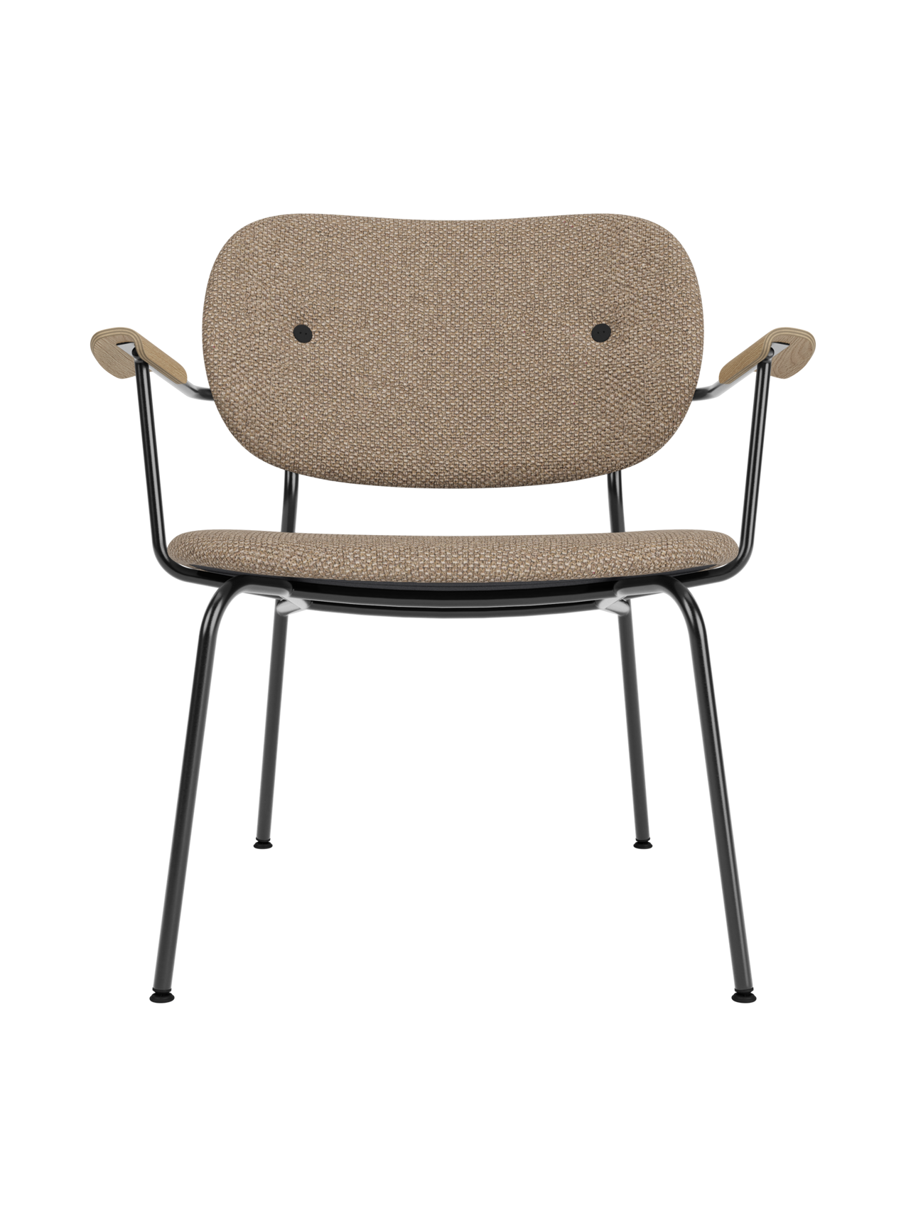 Co Lounge Chair featuring Logan Flint upholstery, natural oak armrests, and a slender black steel base.
