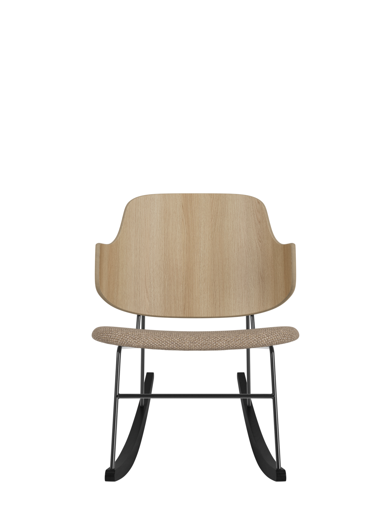 The Penguin Rocking Chair with a curved natural oak back and Logan Flint upholstered seat on a black steel frame.