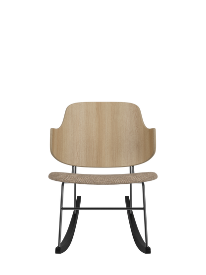The Penguin Rocking Chair with a curved natural oak back and Logan Flint upholstered seat on a black steel frame.