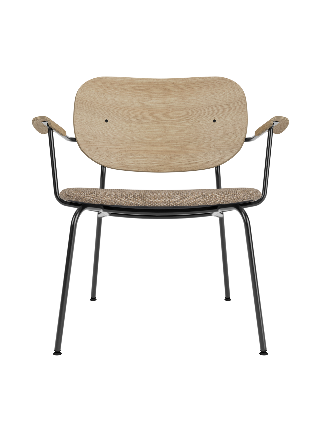 Co Lounge Chair featuring a natural oak backrest and Logan Flint upholstery on a minimalist black steel frame.
