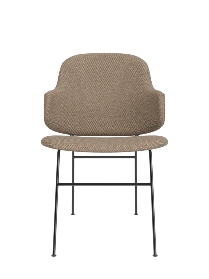 The Penguin Dining Chair, Fully Upholstered in Logan Flint fabric with a slender black powder-coated steel frame.