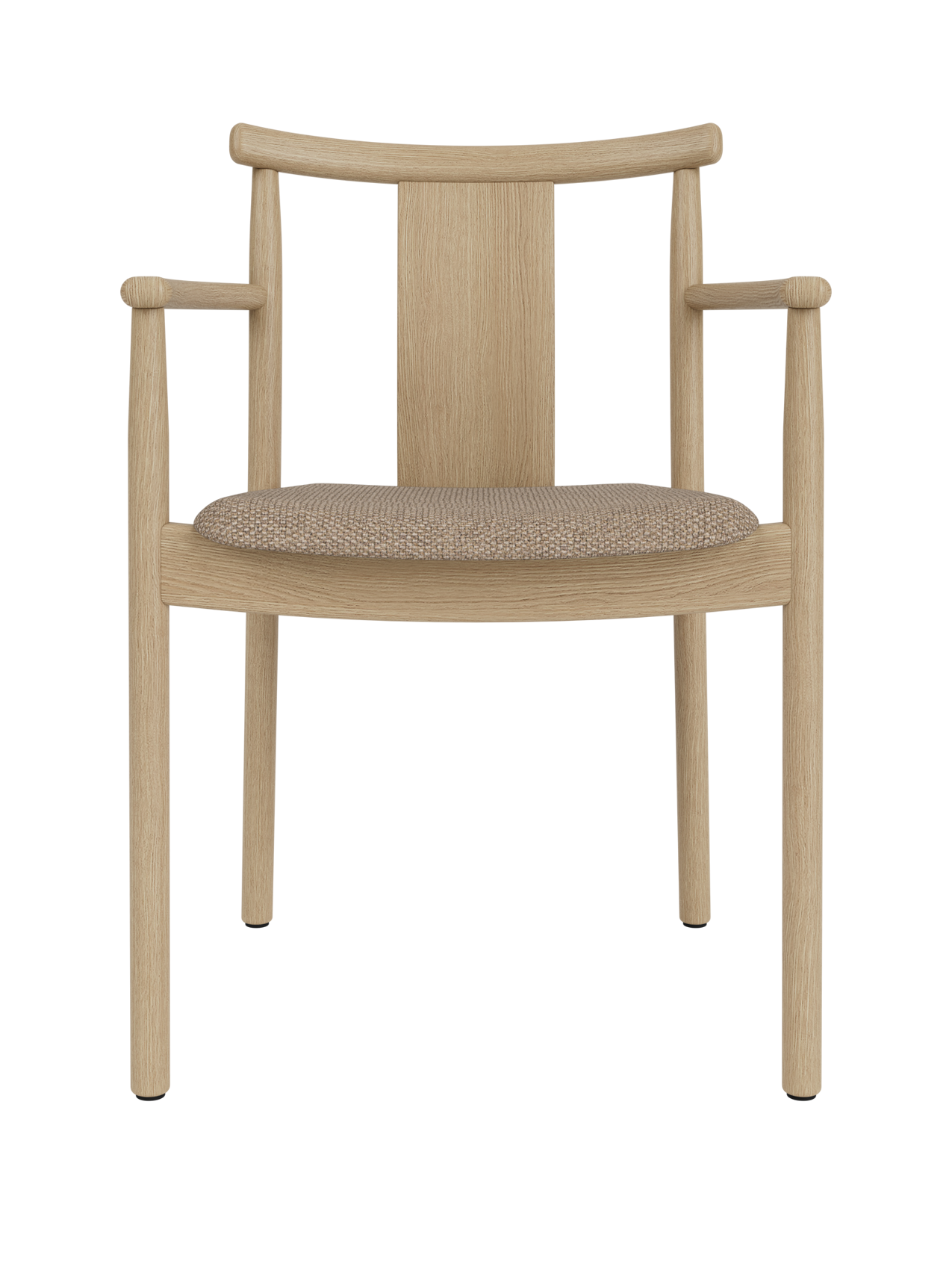 Natural oak Merkur Dining Chair w/Armrests with a textured Logan Flint upholstered seat and curved wooden backrest.