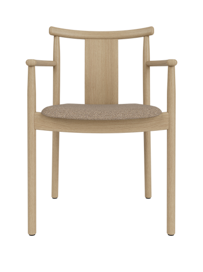 Natural oak Merkur Dining Chair w/Armrests with a textured Logan Flint upholstered seat and curved wooden backrest.