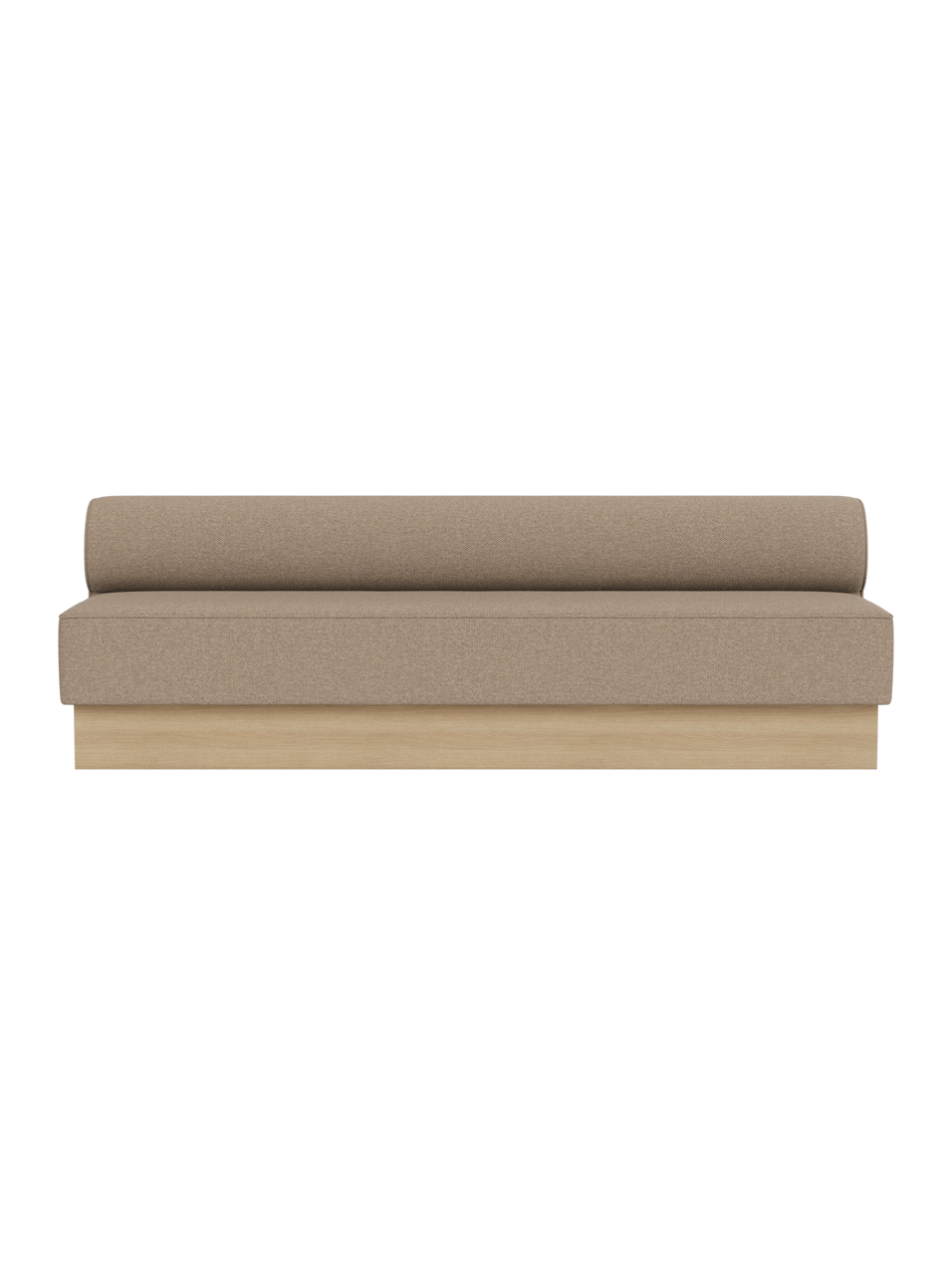 The Eave Dining Sofa, Plateau in Logan Flint upholstery with a natural oak base, shown from the front.