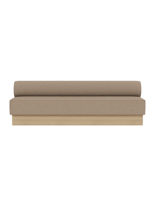 The Eave Dining Sofa, Plateau in Logan Flint upholstery with a natural oak base, shown from the front.