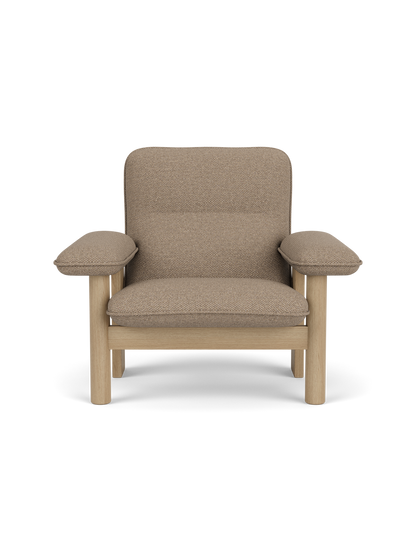 Front view of the Brasilia Lounge Chair with a high back, upholstered in textured Logan Flint fabric on a natural oak frame.