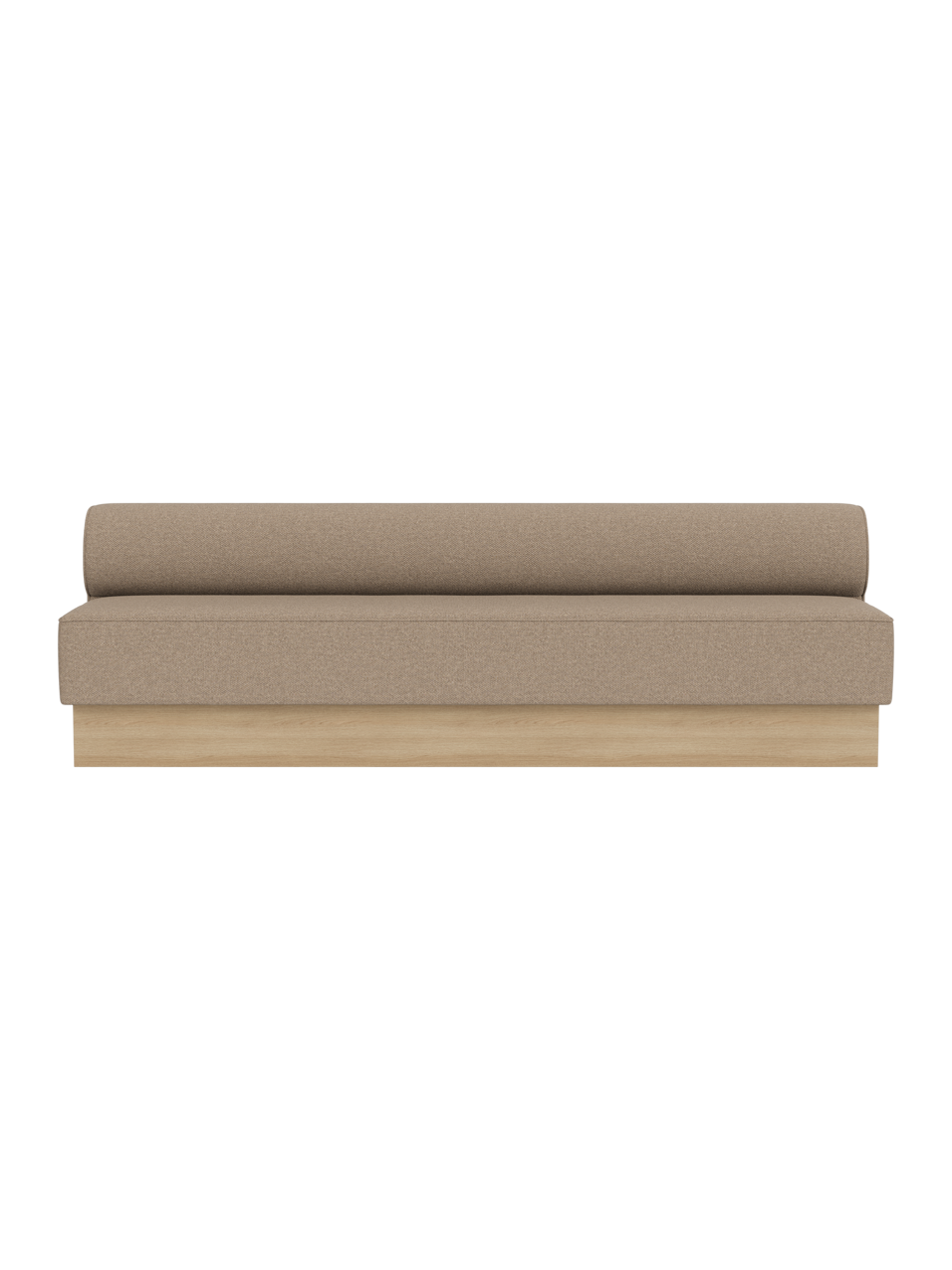 Eave Dining Sofa in Logan Flint upholstery with a natural oak base, shown from a front angle against a black background.