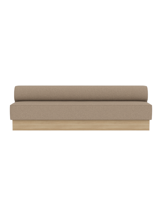 Eave Dining Sofa in Logan Flint upholstery with a natural oak base, shown from a front angle against a black background.