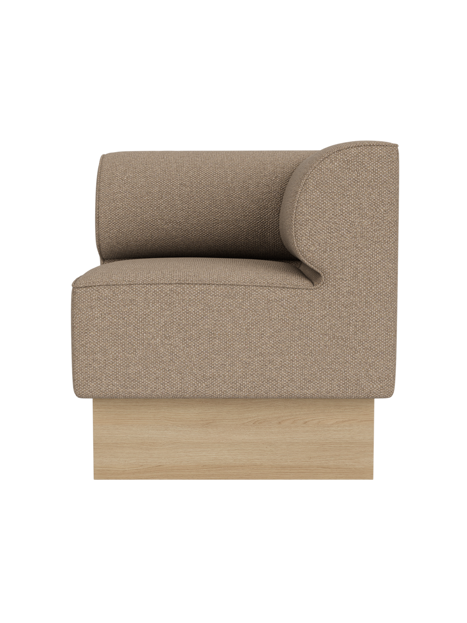 Eave Dining Sofa, Plateau corner module in Logan Flint upholstery with a natural oak base, shown from the side.