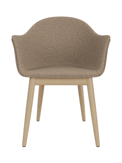 Harbour Dining Chair with a natural oak base and Logan Flint upholstery, featuring a curved shell and open armrests.