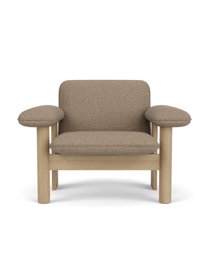 Front view of the Brasilia Lounge Chair, Low Back, upholstered in Logan Flint textile with a natural solid oak frame.