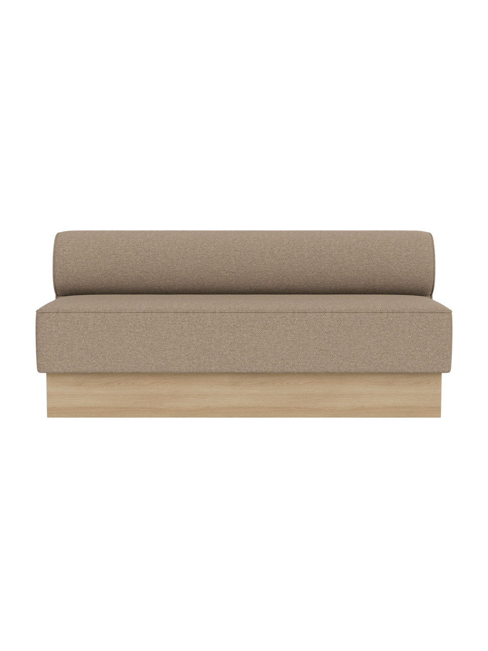 Eave Dining Sofa in Logan Flint upholstery with a natural oak base, featuring a clean silhouette against a dark background.