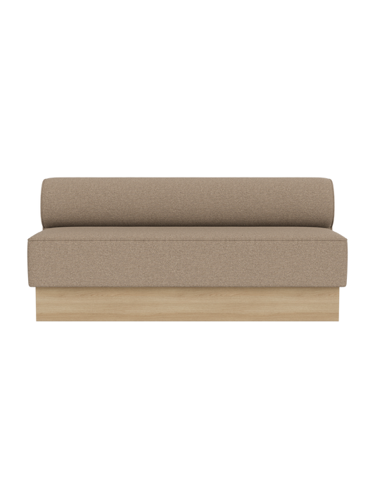 Eave Dining Sofa in Logan Flint upholstery with a natural oak base, featuring a clean silhouette against a dark background.