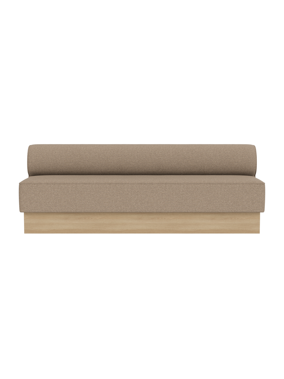 Eave Dining Sofa, Plateau in Logan Flint upholstery with a natural oak base, shown from the front.