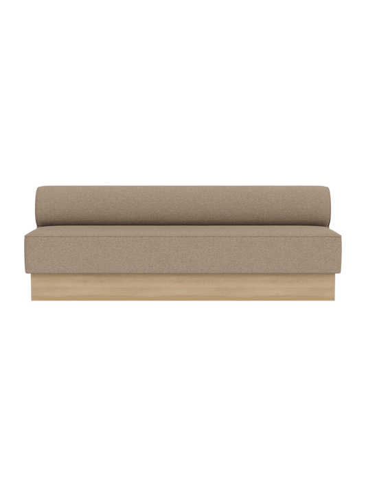 Eave Dining Sofa, Plateau in Logan Flint upholstery with a natural oak base, shown from the front.