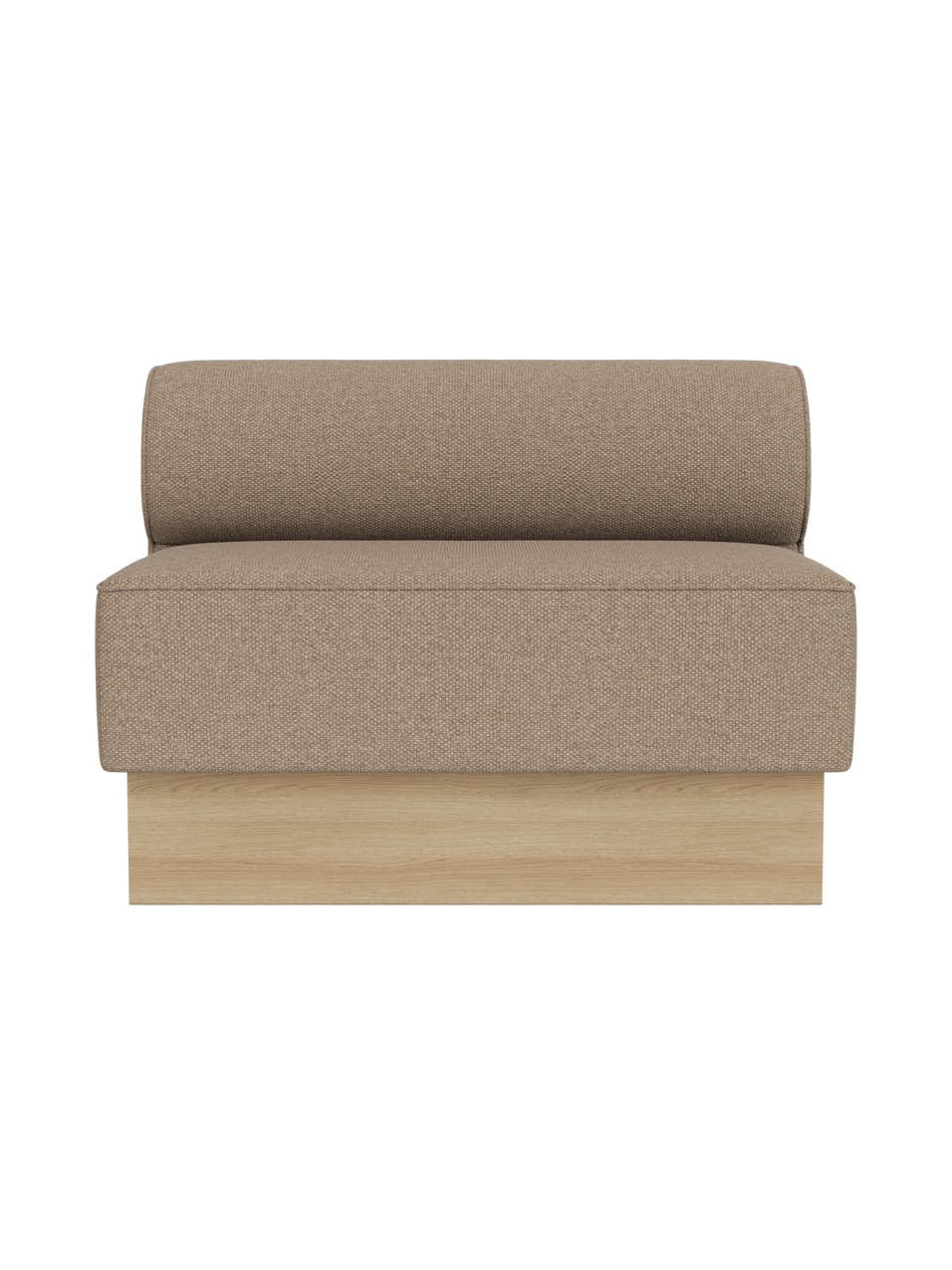 Eave Dining Sofa in Logan Flint upholstery with a natural oak base, shown in a front view on a black background.