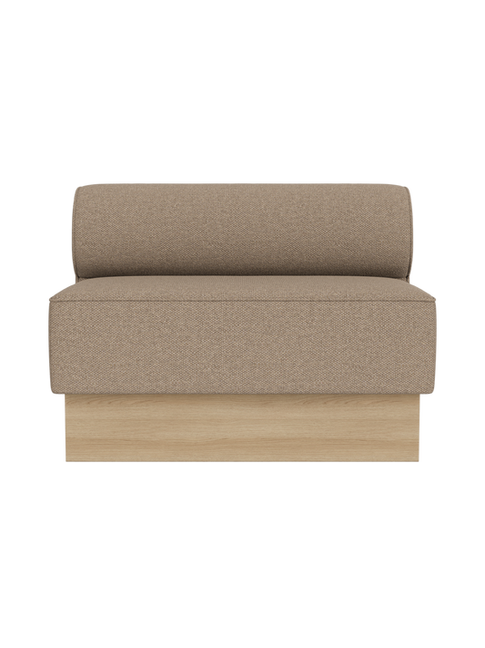 Eave Dining Sofa in Logan Flint upholstery with a natural oak base, shown in a front view on a black background.
