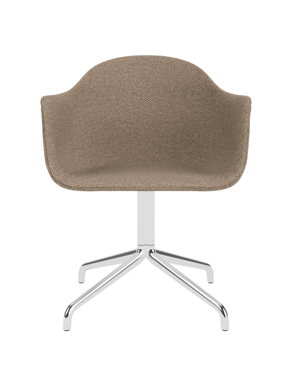 Harbour Dining Chair in Logan Flint fabric with a polished aluminium star base and curved armrests.
