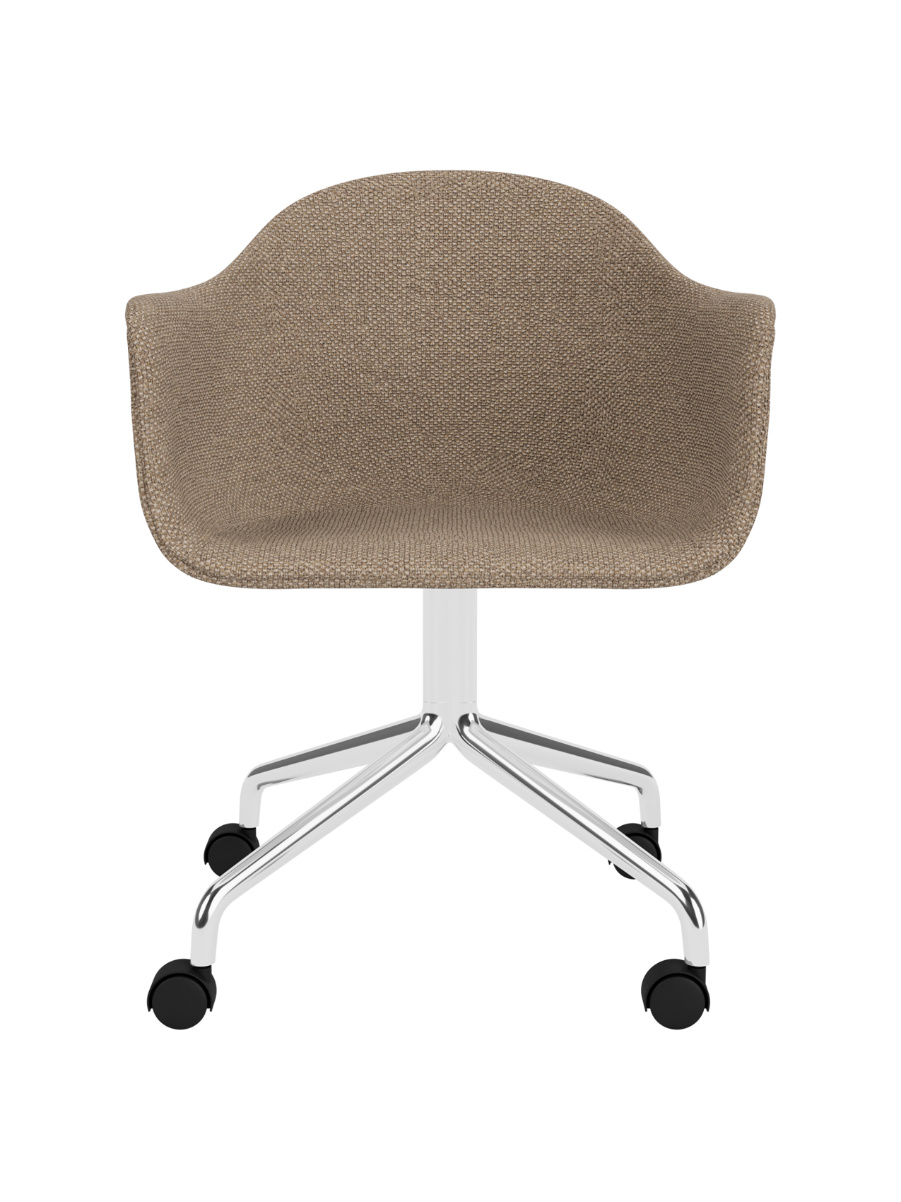 Harbour Dining Chair in Logan Flint upholstery with a polished aluminium star base and black swivel casters.