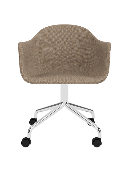 Harbour Dining Chair in Logan Flint upholstery with a polished aluminium star base and black swivel casters.