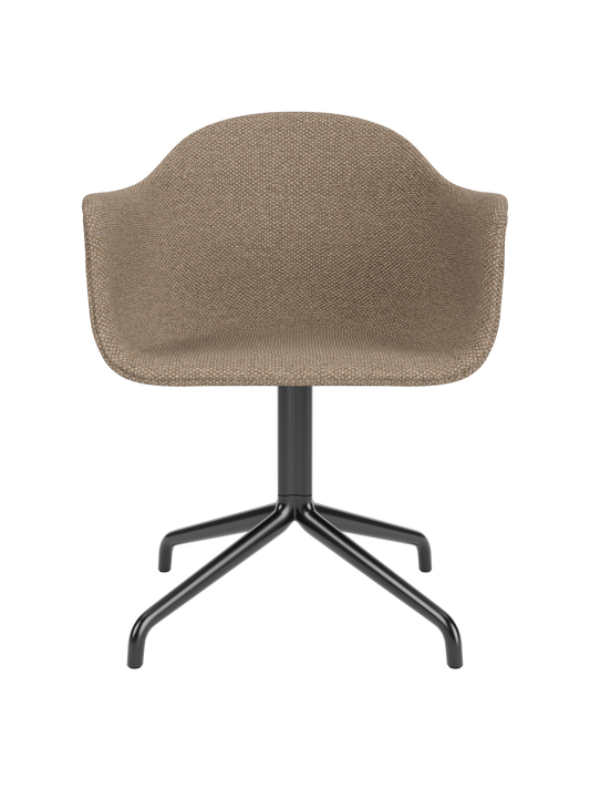 Harbour Dining Chair featuring textured Logan Flint upholstery and a sleek black star swivel base.