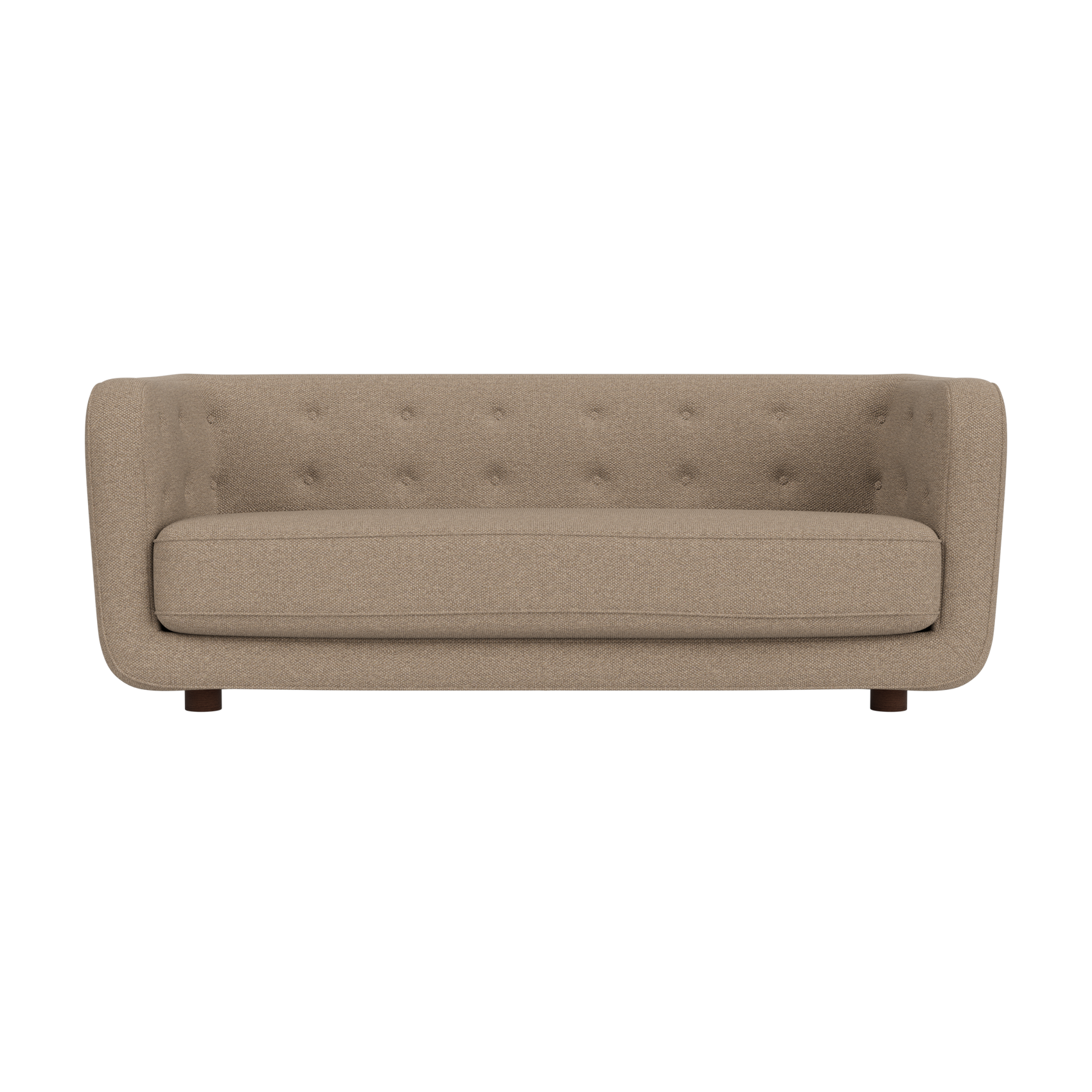 Vilhelm Sofa in Logan Flint fabric with a button-tufted backrest and dark-stained oak legs against a white background.