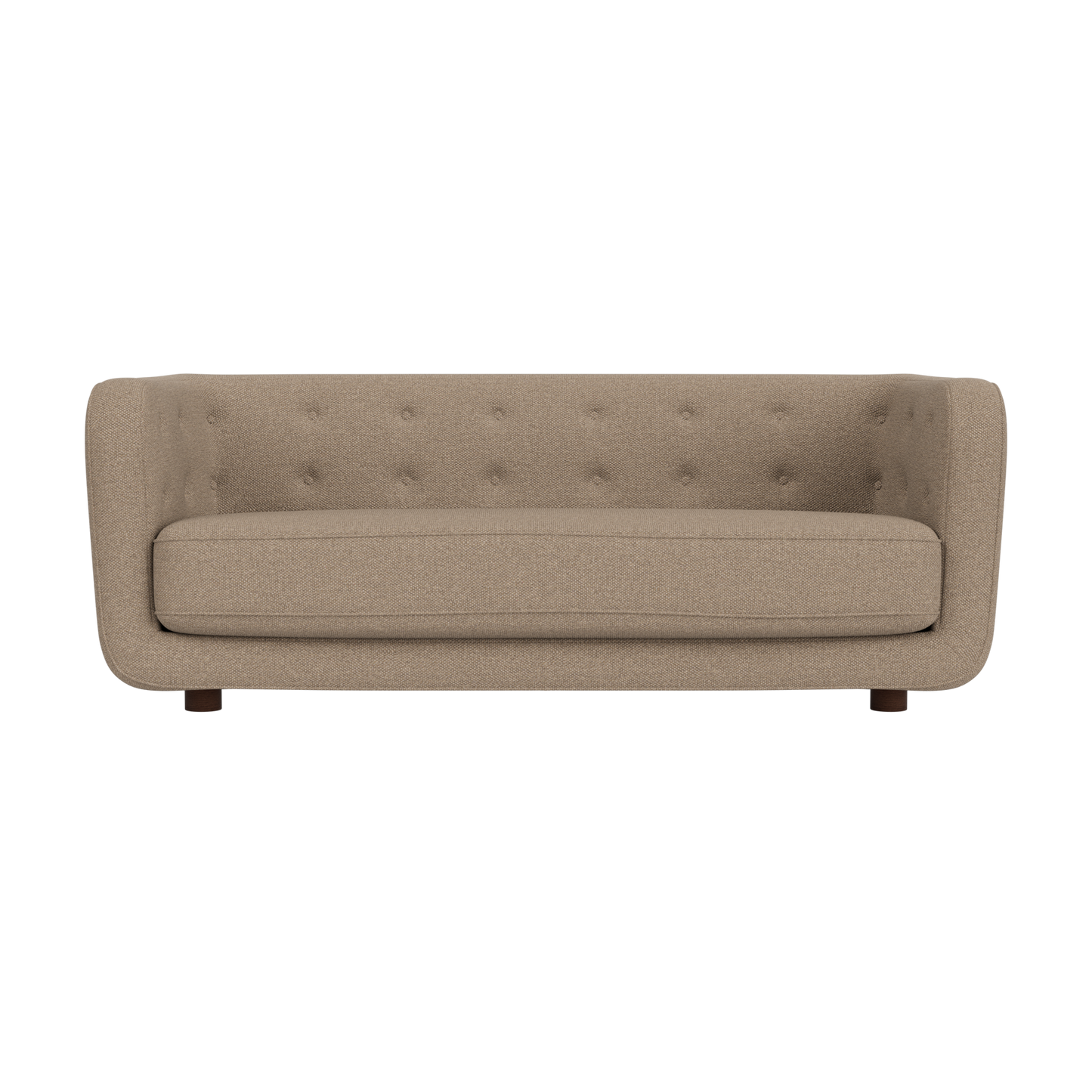 Vilhelm Sofa in Logan Flint fabric with a button-tufted backrest and dark-stained oak legs against a white background.