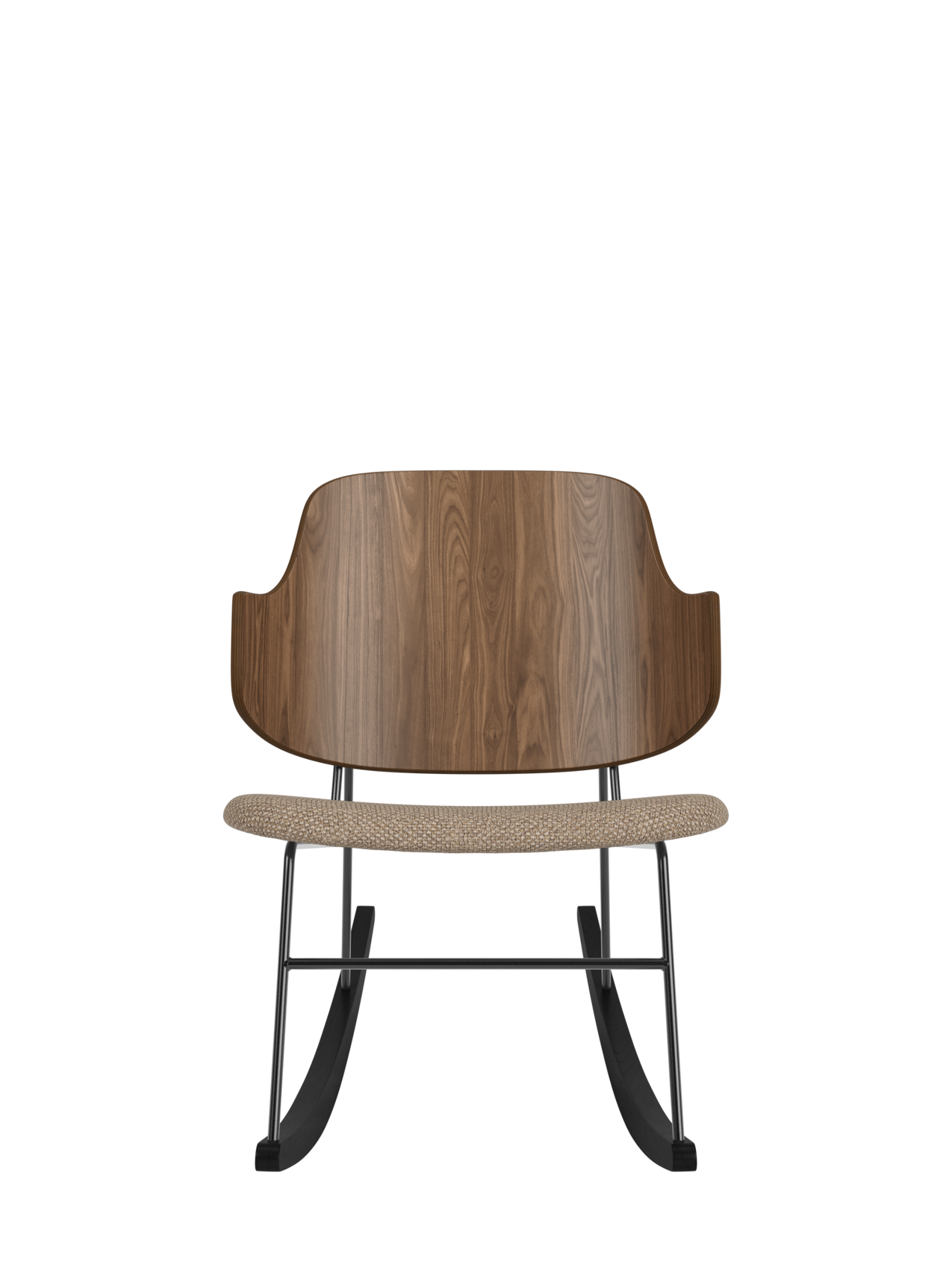The Penguin Rocking Chair with a curved walnut back and Logan Flint fabric seat on a black steel rocking frame.