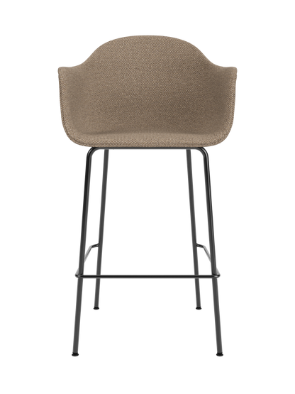 Harbour Bar Chair upholstered in Logan Flint fabric with a slim black powder-coated steel frame and footrest.