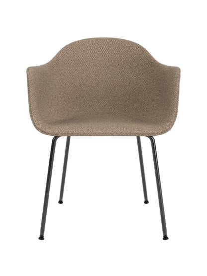 Harbour Dining Chair with textured Logan Flint upholstery and slim black steel legs against a white background.