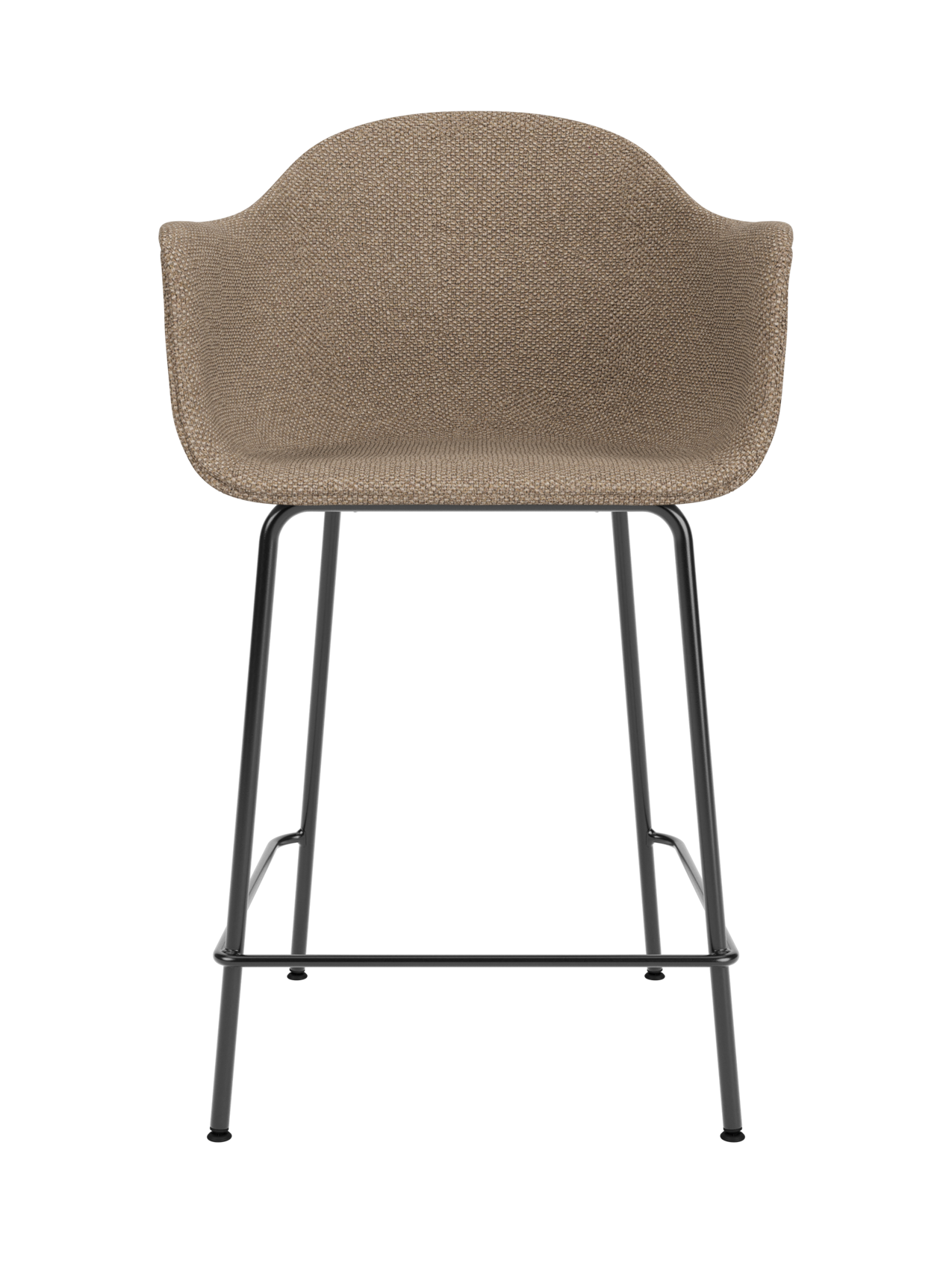Harbour Counter Chair upholstered in textured Logan Flint fabric with slim black steel legs and integrated footrest.