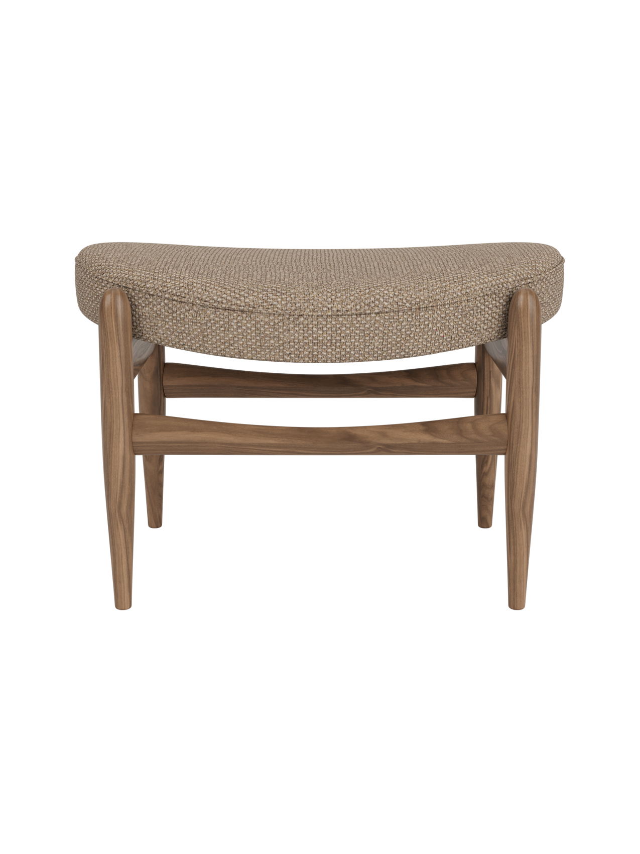 Elizabeth Ottoman in Logan Flint textured fabric and walnut wood, featuring a curved, comfortable seat.