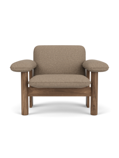 Front view of the Brasilia Lounge Chair, Low Back, featuring a solid walnut frame and Logan Flint textile upholstery.