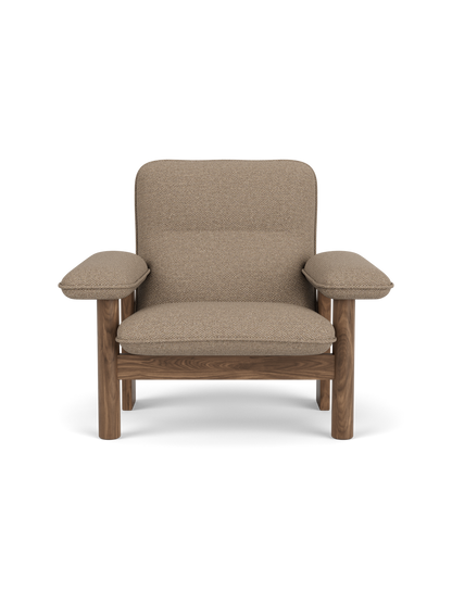 Front view of the Brasilia Lounge Chair, High Back, with a solid walnut frame, stout legs, and beige fabric upholstery.