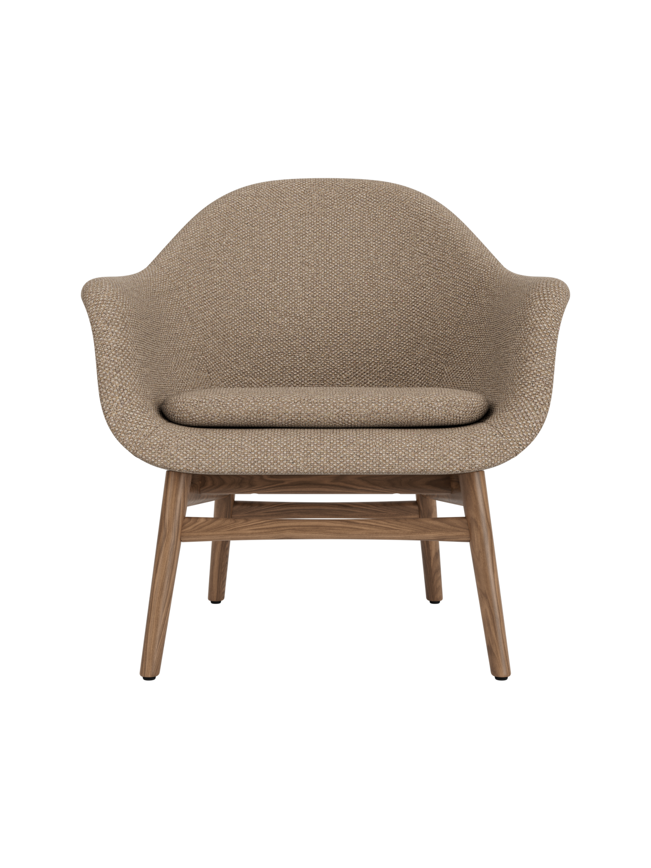 Harbour Lounge Chair in textured Logan Flint fabric with a solid walnut frame and minimalist, curved design.